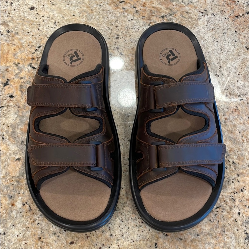 Propet Leather Sandals Mens Slides Adjustable Strap Size 11 X 3E Wide Brown